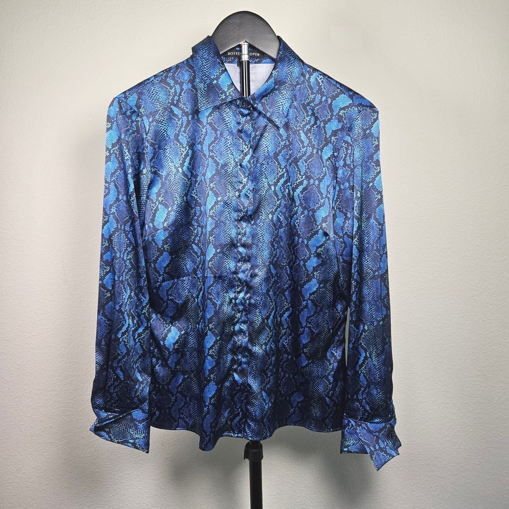 Boston Proper Button Down Women Size 4 Blue Snakeskin French Cuff Edgy Glam